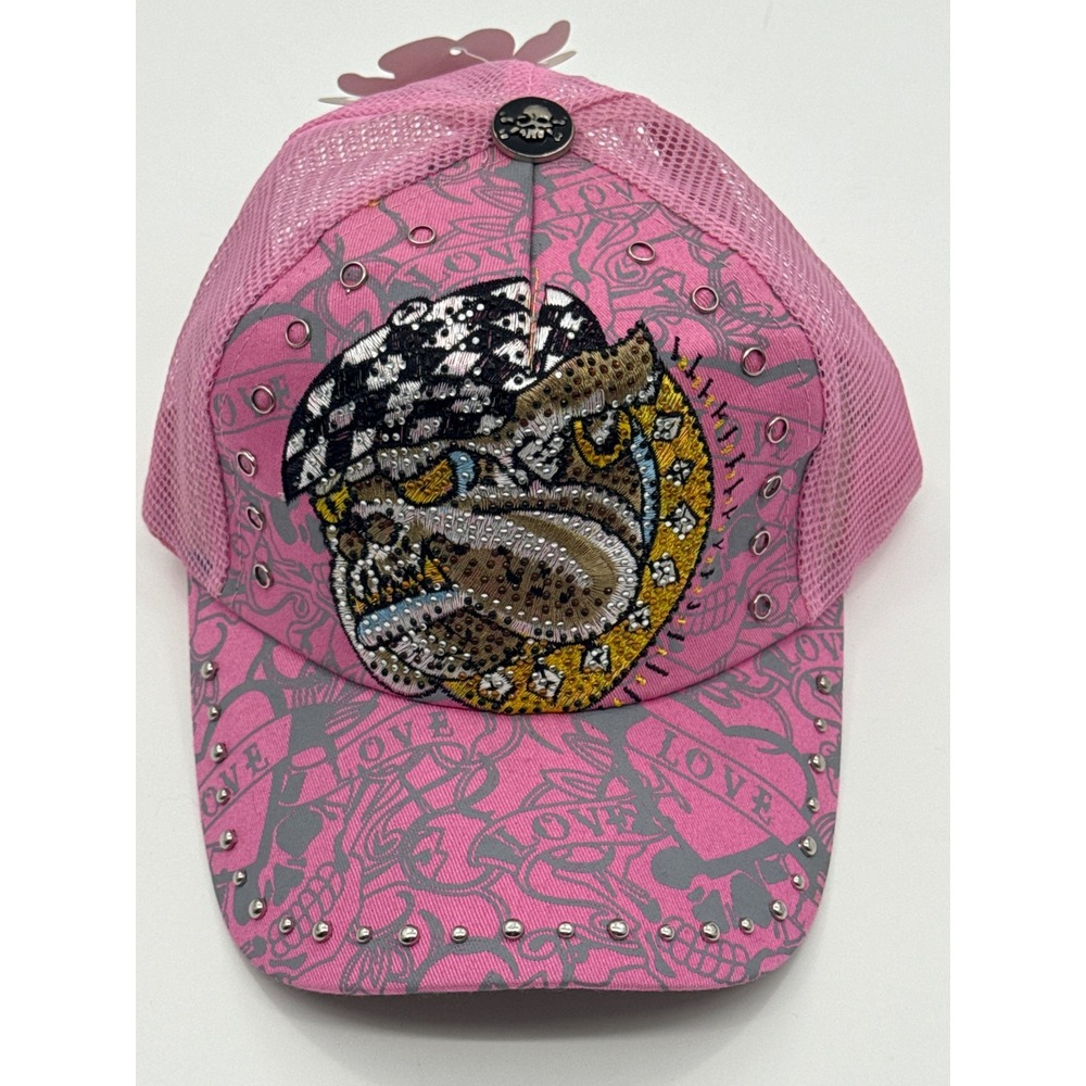 Pink Bulldog Rhinestone Sequin Trucker Hat Tattoo Print Snapback Cap Y2K